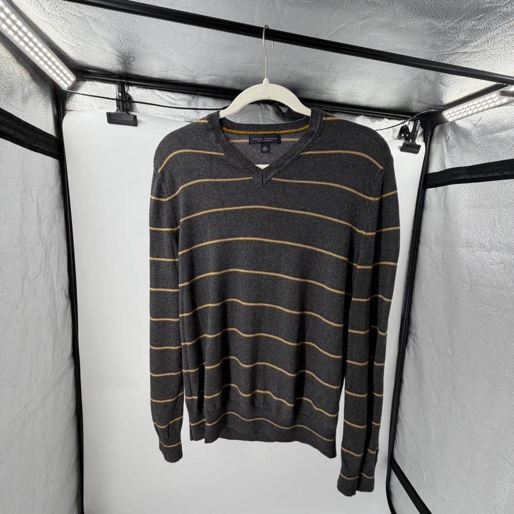 Banana Republic Mens Silk Cashmere V-Neck Striped Sweater Grey Yellow Small